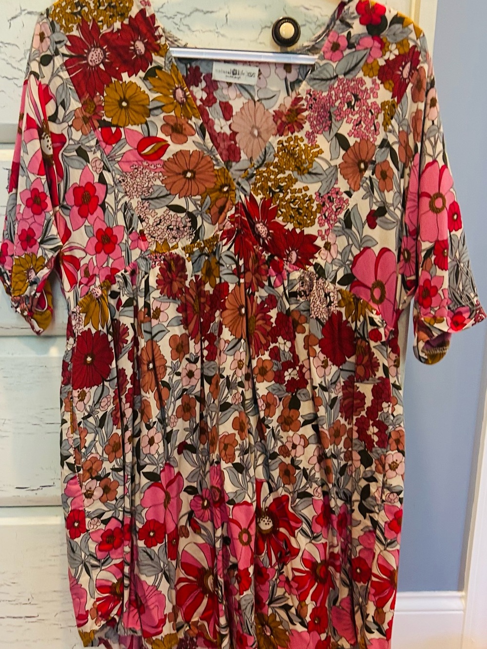 Natural Life Floral V-Neck Short Sleeve Women’s Mini Dress - Pink Multi - Picture 1 of 4